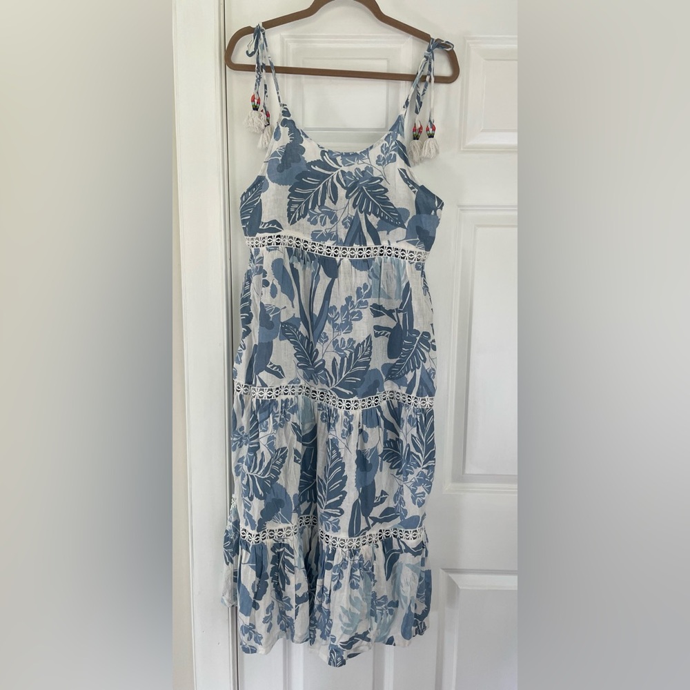 RACHEL ZOE Floral Midi Dress Blue Cover-Up Tiered Beach Sundress size L